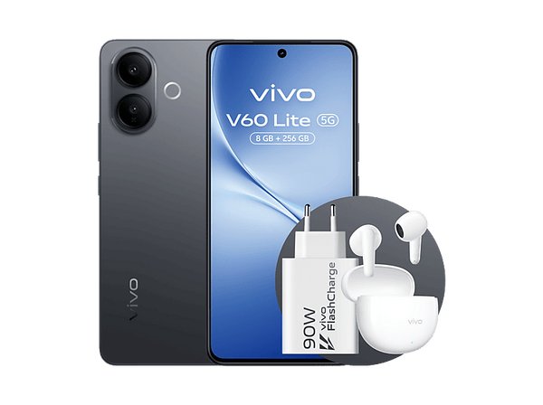 Móvil - vivo V60 Lite, Negro, 256GB, 8GB RAM, 6.77" AMOLED de120Hz, Dimensity 7360-Turbo, 6500 mAh, Incluye Cargador y Auriculares