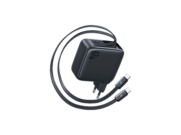 Cargador de pared - Baseus EnerCore CJ21 DUAL, Con doble cable retráctil Tipo-C, Carga simultánea rápida de 67 W, Negro Cosmic