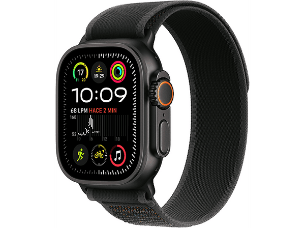 Apple Watch Ultra 2 (2024), GPS + Cellular, 49 mm, Caja de Titanio Negro, Gesto doble toque, Correa Trail Loop de color Negro, Talla M/L