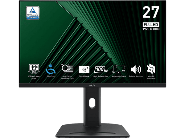 Monitor - MSI PRO MP275PG, 27" Full-HD, 100 Hz, 4 ms, IPS, Adaptive Sync, Altura Ajustable, HDR, Negro