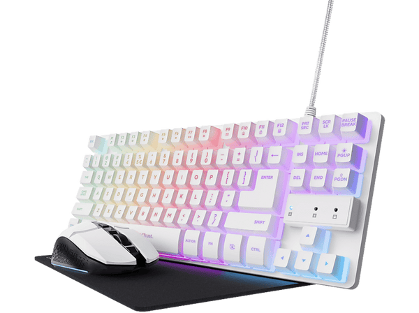 Pack gaming - Trust GXT 794W 3 en 1, USB, LED RGB, 4800 DPI, Ratón + Teclado + Alfombrilla, Blanco