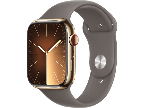 Apple Watch Series 9 (2023), GPS+CELL, 45 mm, Gesto de doble toque, Caja de acero inoxidable oro, Correa deportiva arcilla, Talla S/M