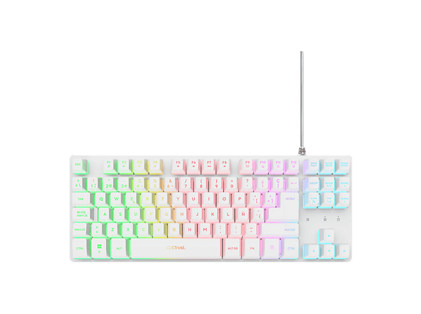 Teclado gaming - Trust GXT 833W, 1x USB, Cable, TKL compacto, Iluminación LED Multicolor, Anti-Ghosting, Blanco