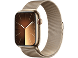 Apple Watch Series 9 (2023), GPS+CELL, 45 mm, Gesto de doble toque, Caja de acero inoxidable oro, Correa Milanese Loop oro