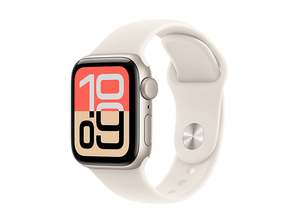 Apple Watch SE 3 (2025), GPS, 44 mm, Caja de aluminio Blanco estrella, Correa deportiva Blanco estrella, M/L, Calidad del sueño, Medición temperatura