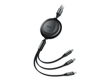 Cable USB - Baseus 3-en-1 Bright Mirror, Cable retráctil 110 cm, Carga rápida multidispositivo, USB-Lightning-Tipo-C-Micro, 66W, Negro