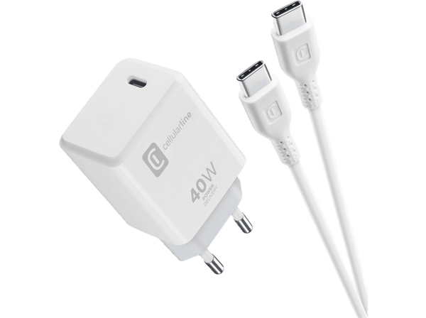 Cargador de pared - CellularLine Kit Ach, Para iPhone 17 series, iPad Pro 2025, Apple MacBook, 40 W, Carga rápida, USB C, Blanco
