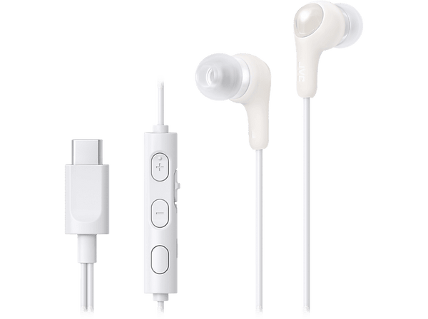 Auriculares de botón - JVC HA-FR9UC, 3 botones, Cable 1.2 m, USB-C, Micrófono integrado, Blanco