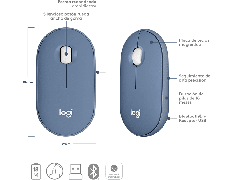 Ratón inalámbrico - Logitech M350, Para PC, Mac, Linux, Bluetooth, Receptor nano-USB, Óptico, Blueberry