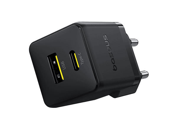 Cargador de pared - Baseus PALM, 30W, USB y Tipo C, Carga rápida, Tamaño extrapequeño, Carga simultánea, Control inteligente de temperatura, Negro