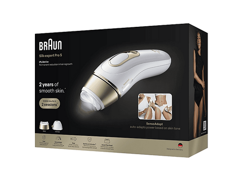 Depiladora IPL - Braun Luz Pulsada Silk·expert Pro 5 PL5221, Depilación en casa, Sensor SmartSkinProtect, Cabezal Smart Flex y de precisión