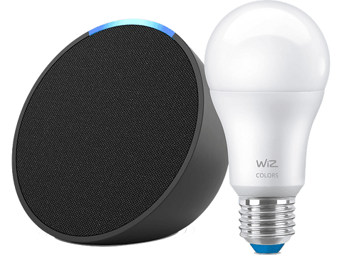 Altavoz inteligente - Amazon Echo Pop + Bombilla Wiz, Bluetooth con Alexa de Sonido Potente y Compacto, Negro