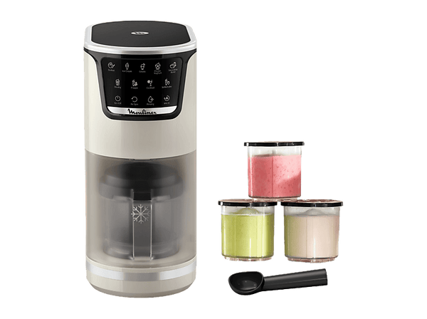Heladera - Moulinex Dolci, 9 Programas de postres helados, 3 tarrinas de tritán, 1,4 L, 600W, Resultados cremosos, Autolimpieza, Blanco