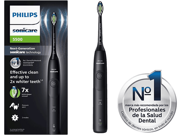 Cepillo eléctrico - Philips Sonicare 5500 HX7111/01, Tecnología sónica, Sensor de presión, Temporizadores intuitivos, Negro