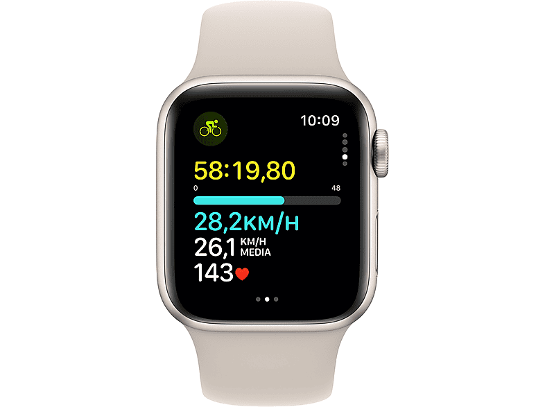 APPLE Watch SE (2023), GPS+CELL, 40 mm, Caja de aluminio blanco estrella, Vidrio delantero Ion-X, Talla M/L, Correa deportiva blanco estrella