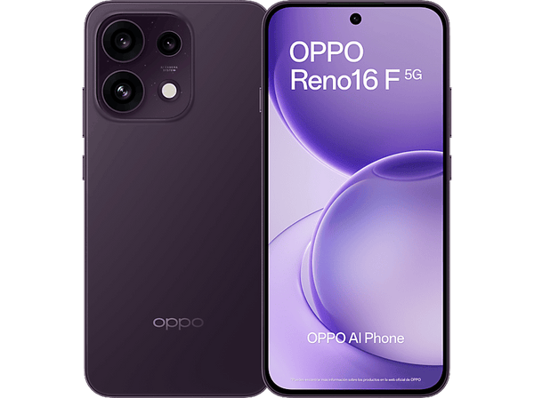 Móvil - OPPO Bundle Reno16 F, Púrpura Negro, 256 GB, 8 GB RAM, 6.57" AMOLED, Mediatek Dimensity 7300, 6500 mAh, Incluye Funda y Cargador