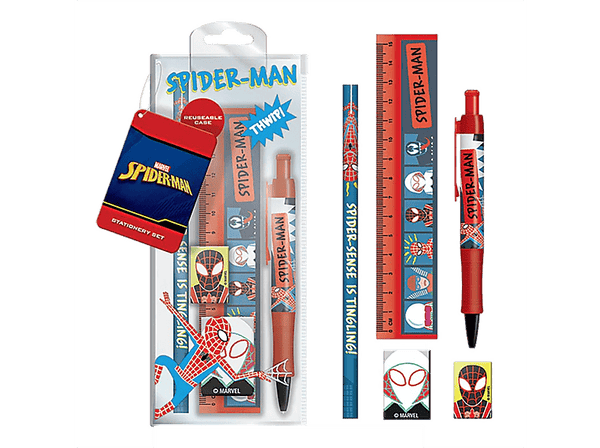 Pack papelería - Pyramid International Spider-Man, Set de papelería (bolígrafo, lápiz, regla, sacapuntas y goma)