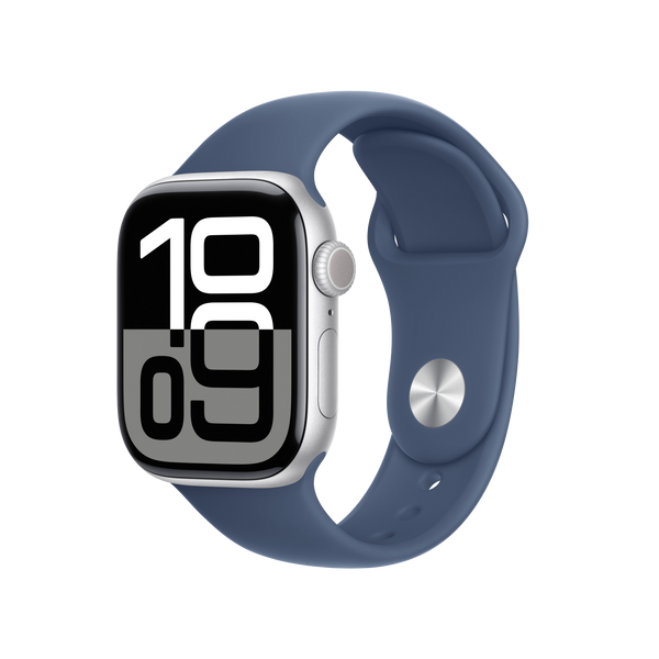 Apple Watch Series 10 (2024), GPS + Cellular, 42 mm, Gesto de doble toque, Caja de aluminio plata, Correa deportiva Azul denim, Talla S/M
