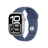 Apple Watch Series 10 (2024), GPS + Cellular, 42 mm, Gesto de doble toque, Caja de aluminio plata, Correa deportiva Azul denim, Talla S/M