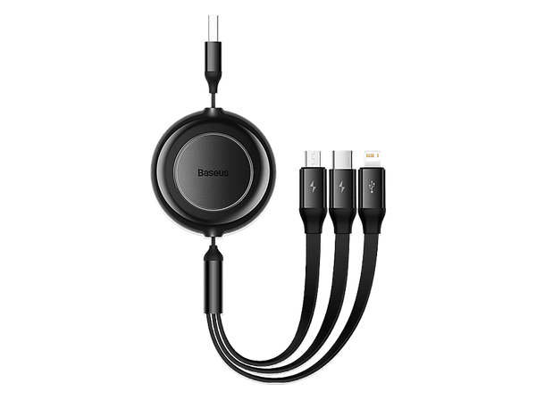 Cable USB - Baseus 3-en-1 Bright Mirror, Cable retráctil 110 cm, Carga rápida multidispositivo, USB-Lightning-Tipo-C-Micro, 66W, Negro