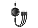 Cable USB - Baseus 3-en-1 Bright Mirror, Cable retráctil 110 cm, Carga rápida multidispositivo, USB-Lightning-Tipo-C-Micro, 66W, Negro
