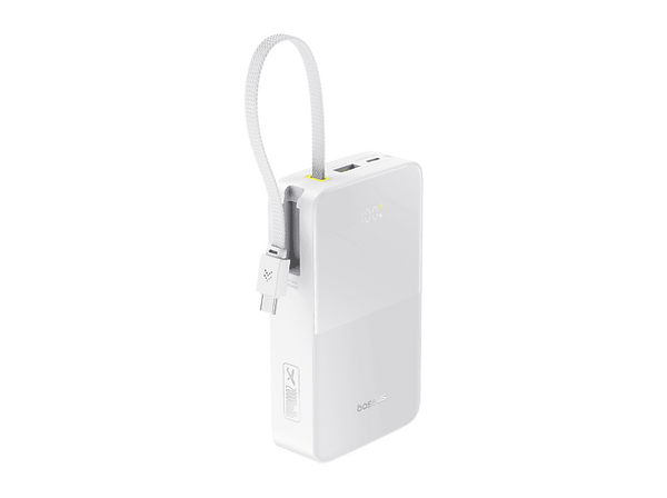 Powerbank - Baseus EnerFill Bipow2 Pro, 20000mAh, 22.5W, Cable retráctil, Carga simultánea ultrarrápida, USB-C, Blanco Moon