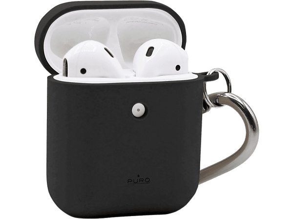 Funda estuche de carga auriculares - Puro PUAP018, Para Apple AirPods, 100% biodegradable, Gancho de aluminio, Negro