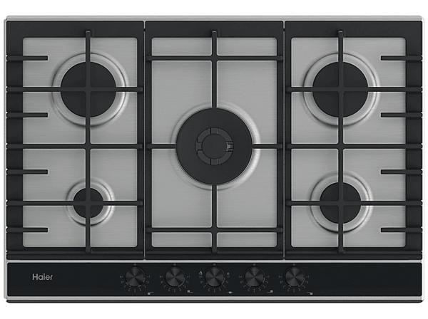 Placa gas - Haier Series 4 HAHG7W5XH, 5 quemadores, Gas natural, Zona grande 13.8 cm, Rejillas hierro fundido, Preciflame, 75 cm, Inox