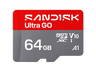 Tarjeta Micro SD - SANDISK Ultra GO, 64 GB, Hasta 140 MB/s de lectura, Vídeo en Full HD, V10, U1, C10, A1, memoria NAND, Gris