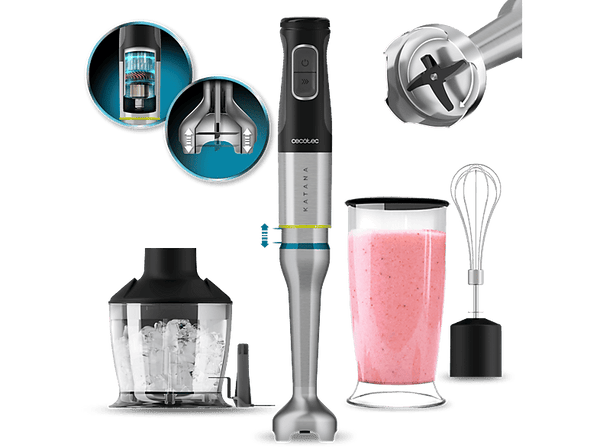 Batidora de mano - Cecotec Katana 15 Chop G, 1500 W, 21 velocidades, Tecnología PerreoMove, Cuchillas de 4 hojas, Función Turbo, Vaso de 800ml, Grey