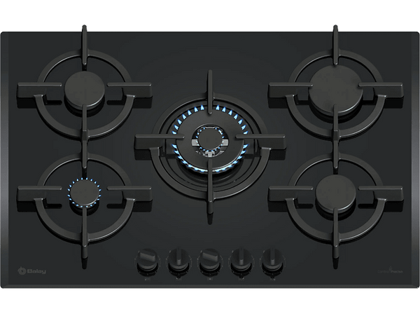 Placa de gas - Balay 3ETG676RB, 5 zonas, 28 cm zona grande, Gas butano, 75.2 cm, Negro