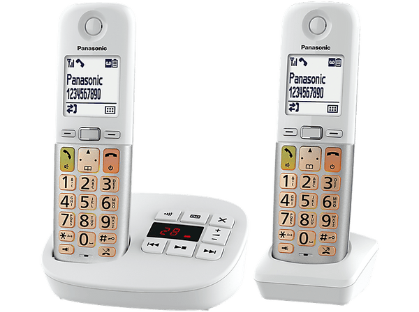 Teléfono - Panasonic KX-TGU43, 2x Teléfonos, Pantalla Retroiluminada, Linterna, Volumen Amplificado, Bloqueo de Llamadas, Contestador, Blanco y Plata