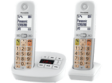 Teléfono - Panasonic KX-TGU43, 2x Teléfonos, Pantalla Retroiluminada, Linterna, Volumen Amplificado, Bloqueo de Llamadas, Contestador, Blanco y Plata