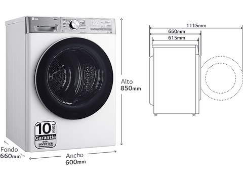 Secadora bomba de calor - LG RH10V9AV2WR, 10 kg, 14 programas, Display LED, Dual Inverter Compressor™, Eco Hybrid™, Blanco