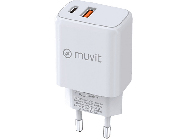 Cargador - Muvit MCACC0037, 1 USB QC 3.0 18W + 1 Tipo C PD 25W, Universal , Blanco