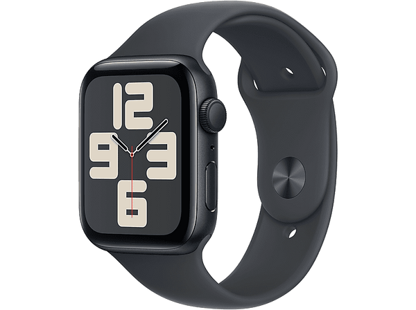 Apple Watch SE (2024), GPS, 44 mm, Caja de aluminio Medianoche, Vidrio delantero Ion-X, Correa deportiva Medianoche, Talla M/L