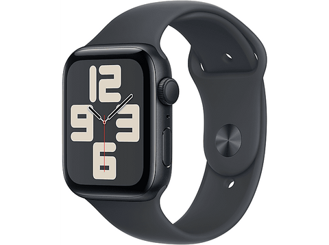 Apple Watch SE (2024), GPS, 44 mm, Caja de aluminio Medianoche, Vidrio delantero Ion-X, Correa deportiva Medianoche, Talla M/L