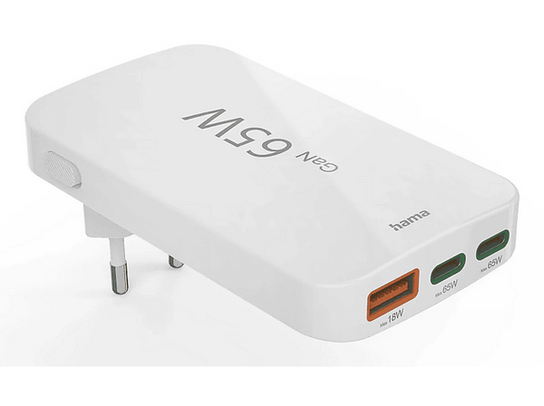 Cargador de pared - Hama 00201976, Universal, 2x USB-C, 1x USB-A, 65W, Mini Cargador Plano, PD, Blanco
