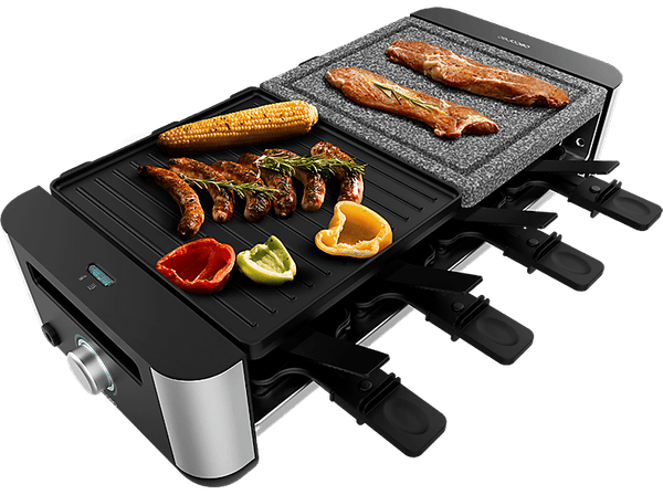 Raclette - Cecotec Raclette Cheese&Grill 16000 Inox Mixgrill, 1400 W, 8 sartenes antiadherentes, 2 placas, Termostato regulable, Grey