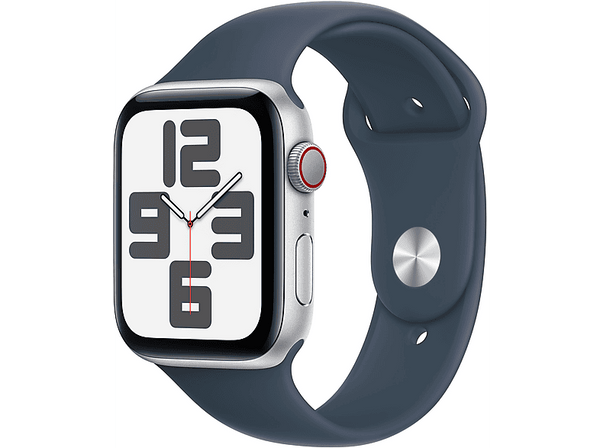 APPLE Watch SE (2023), GPS+CELL, 44 mm, Caja de aluminio plata, Vidrio delantero Ion-X, Talla M/L, Correa deportiva azul tempestad