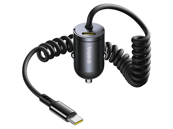 Cargador coche - Baseus Tiny Star Mini, 30W, Tipo-C, Carga rápida, Con cable rizado incorporado, Multidispositivo, Universal, Negro Cosmic