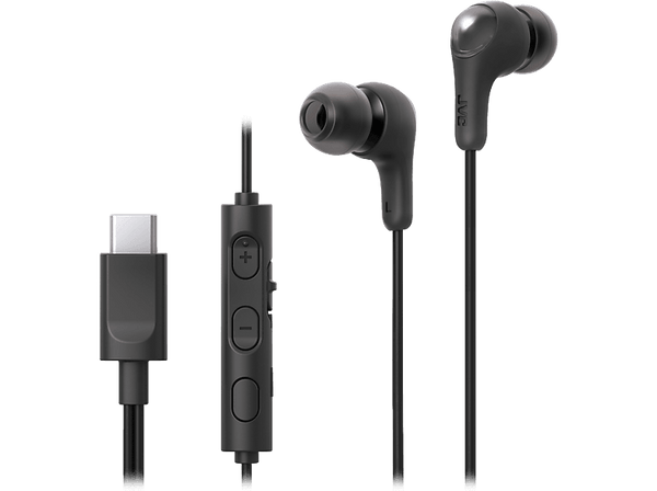 Auriculares de botón - JVC HA-FR9UC, 3 botones, Cable 1.2 m, USB-C, Micrófono integrado, Negro