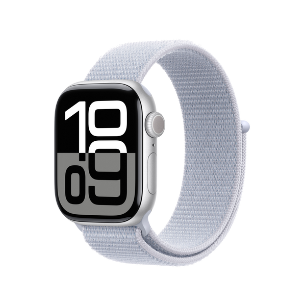 Apple Watch Series 10 (2024), GPS + Cellular, 42 mm, Gesto de doble toque, Caja de aluminio plata, Correa Loop deportiva Azul nube