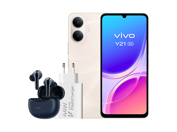 Móvil - vivo Y21 5G, Champagne Gold, 256GB, 4GB RAM, 6.74" 1200 nit, MediaTek Dimensity 6300, 6500mAh + Auriculares TWS 3e + Cargador FlashCharger 44W
