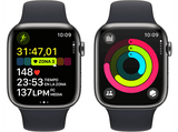 Apple Watch Series 9 (2023), GPS+CELL, 45 mm, Gesto de doble toque, Caja de acero inoxidable grafito, Correa deportiva medianoche, Talla M/L