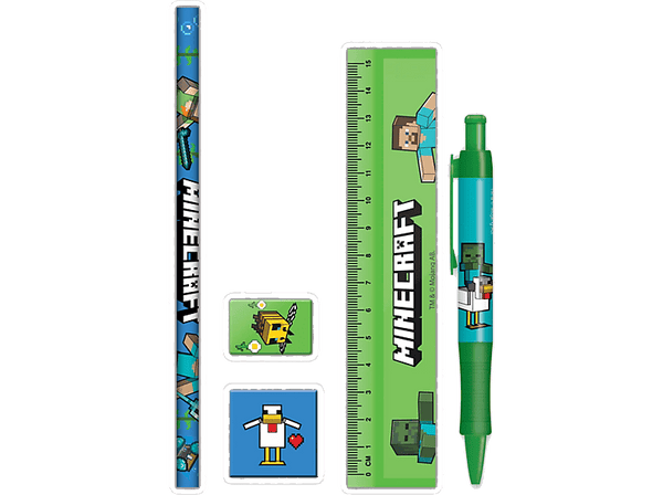 Pack papelería - Pyramid Minecraft, 1 Lápiz, 1 sacapuntas, 1 goma de borrar, 1 regla y 1 bolígrafo