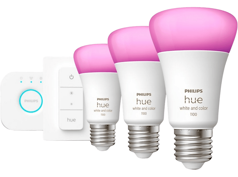 Kit de iluminación - Philips Hue Bridge + 3 Bombillas inteligentes E27 9.5W 1100 lm, Luz Blanca y Colores + Regulador