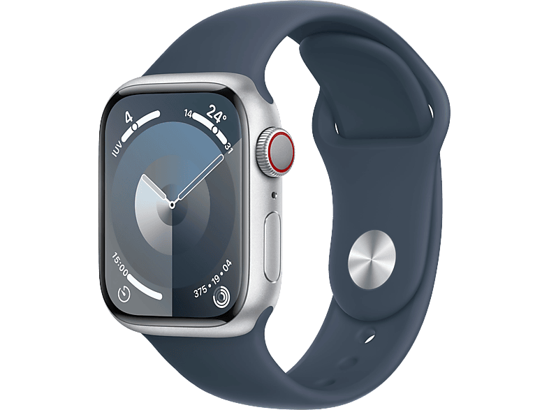 Apple Watch Series 9 (2023), GPS+CELL, 41 mm, Gesto de doble toque, Caja de aluminio plata, Correa deportiva azul tempestad, Talla M/L