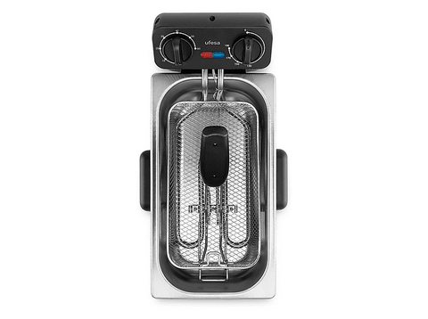 Freidora - Ufesa Crusty Fry 3000, 2000W, 3L, Termostato ajustable de 130 a 190°C, Temporizador de hasta 60min,  Inox/Negro
