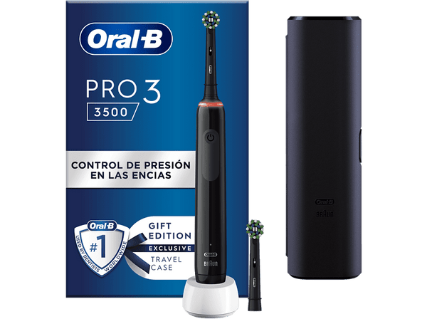 Cepillo eléctrico - Oral-B Pro 3 3500, Estuche de viaje, Sensor de presión, 2 Cabezales, Negro